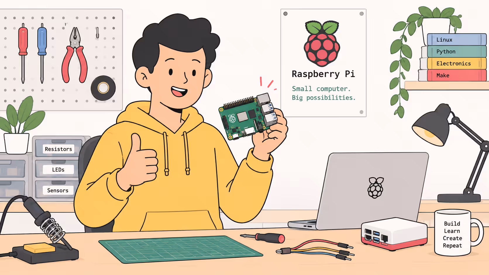 Person holding a Raspberry Pi in a workshop