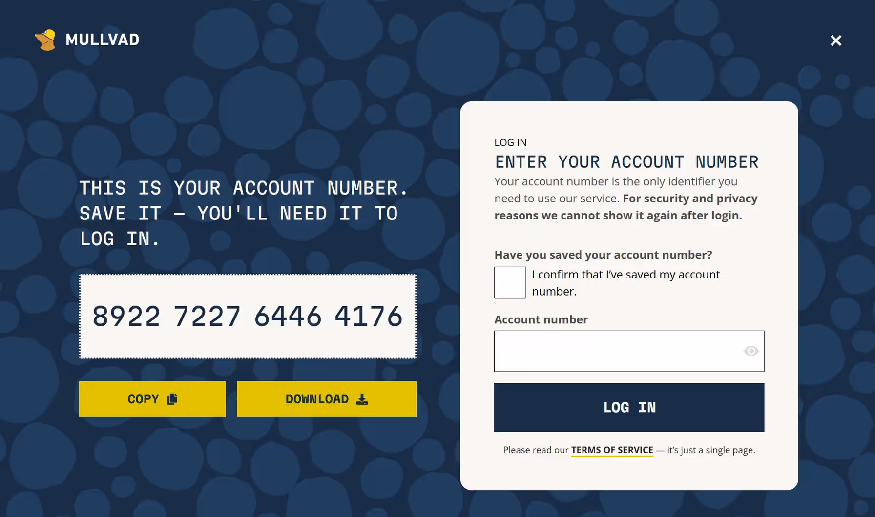 Mullvad account number login screen