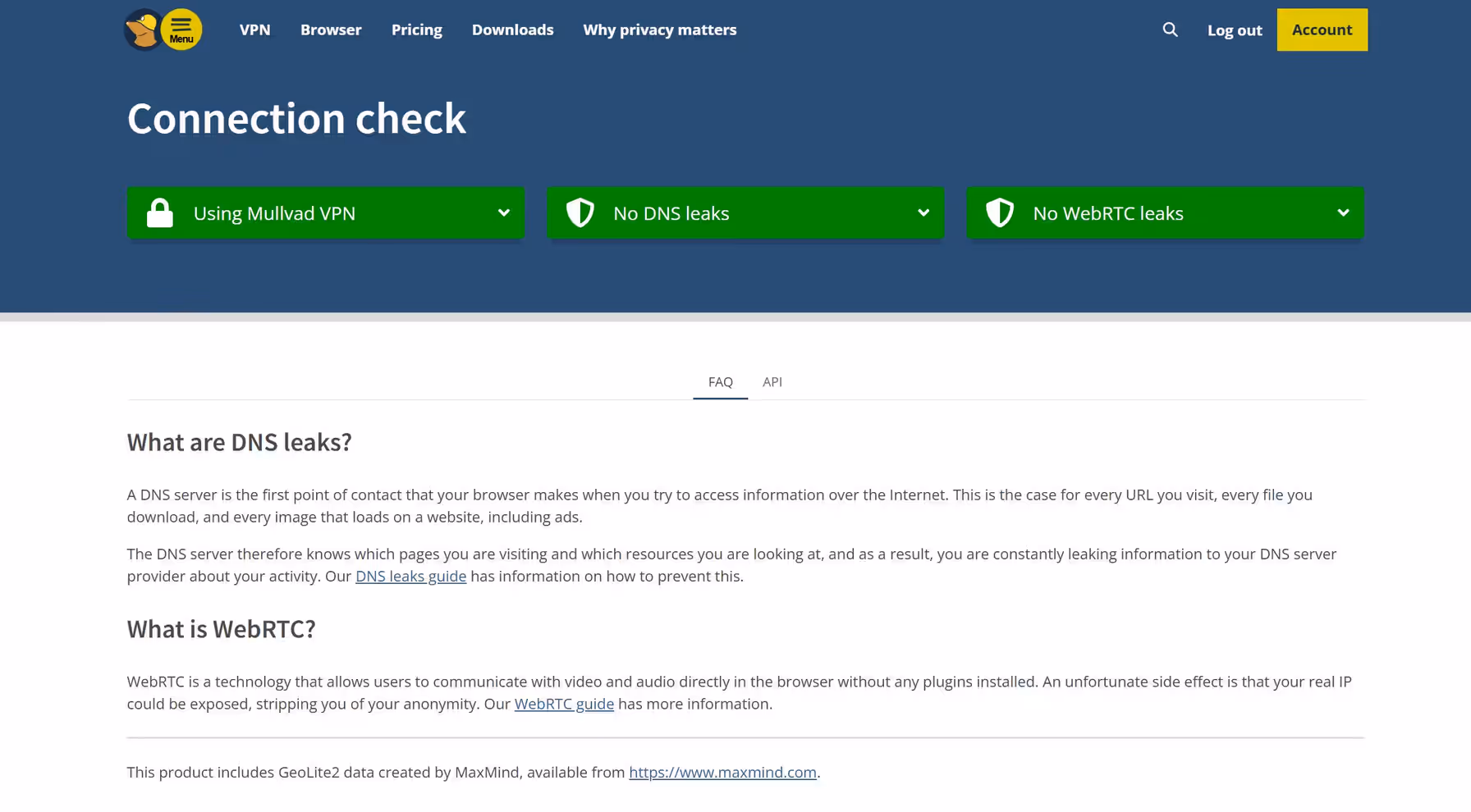 Mullvad connection check page