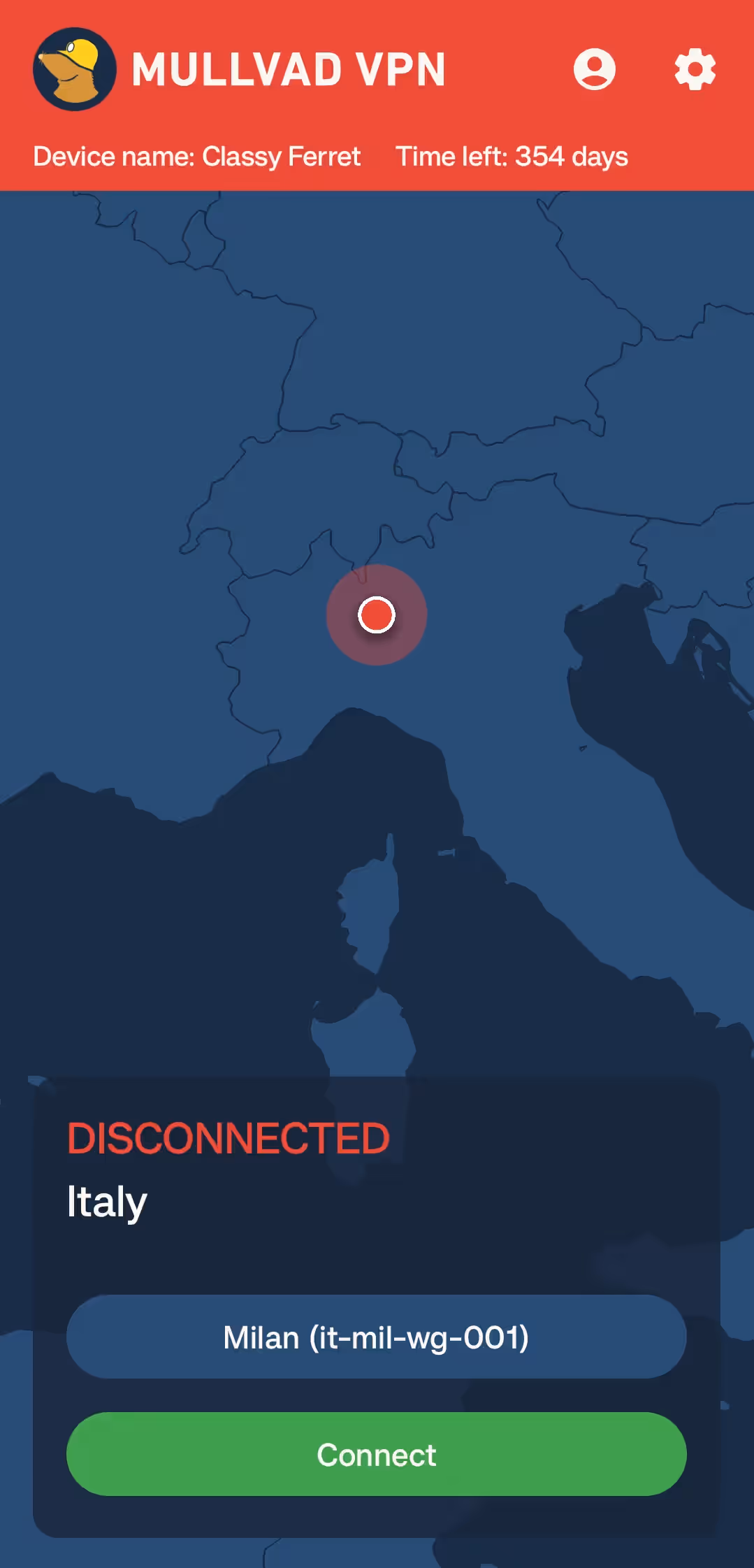 Mullvad VPN connection screen before connecting